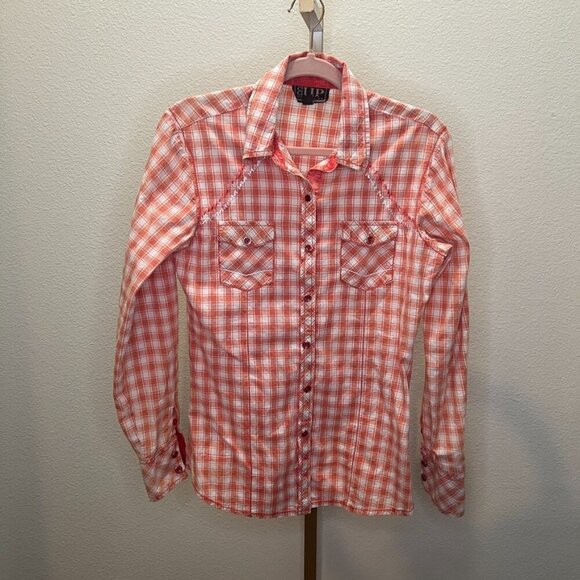 Cowgirl Up Distressed Bleached Plaid Snap Down Shirt Salmon size Small - Picture 2 of 7